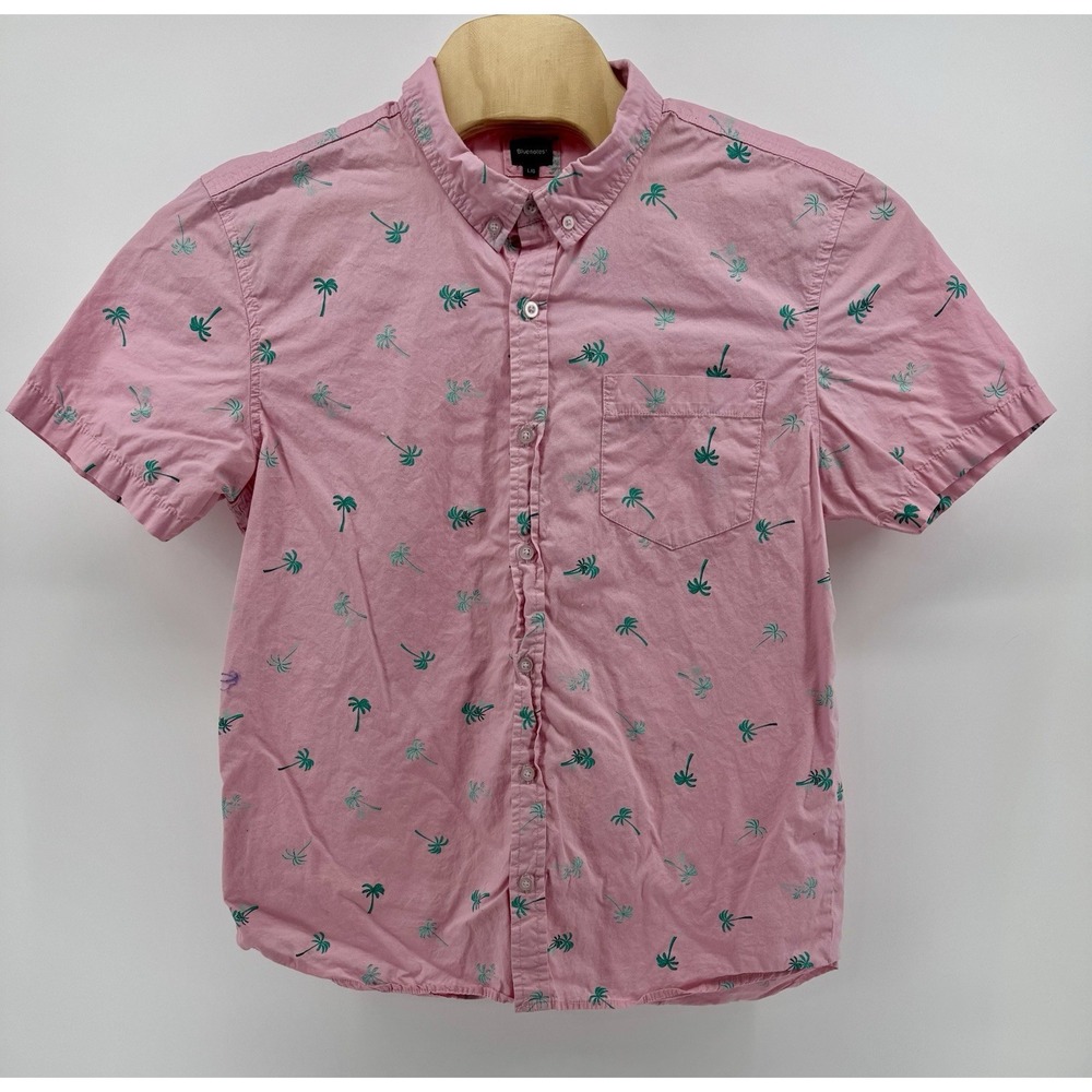 Bluenotes Hawaiian Shirt Men's Size L Pink Floral Tropical Beach Palm Tree Aloha